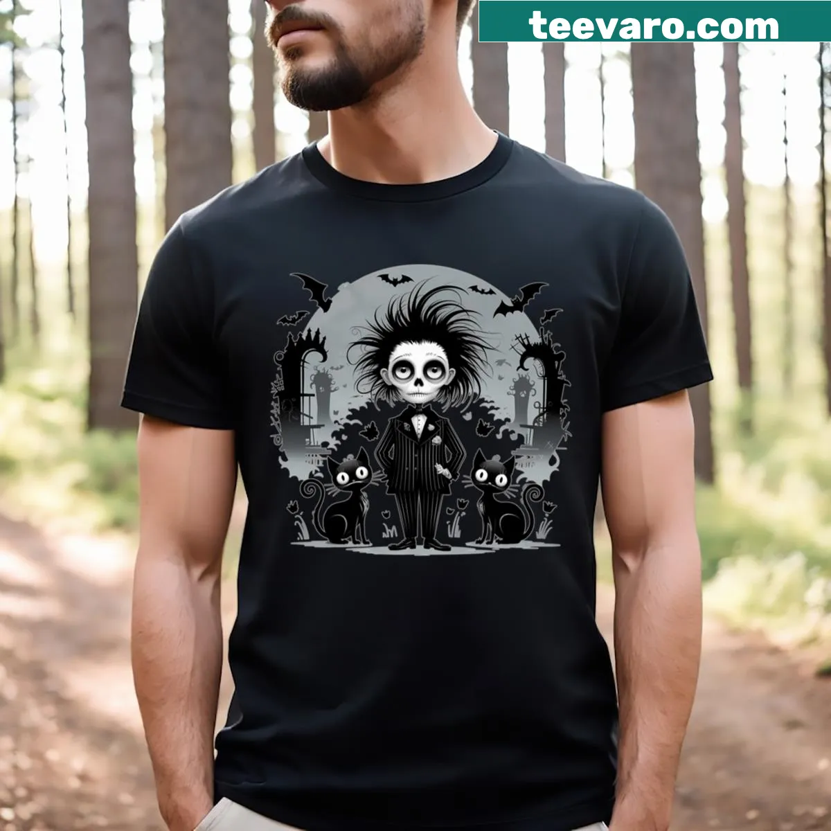 Surreal design T-shirt for Halloween with whimsical elements — on a men's t-shirt