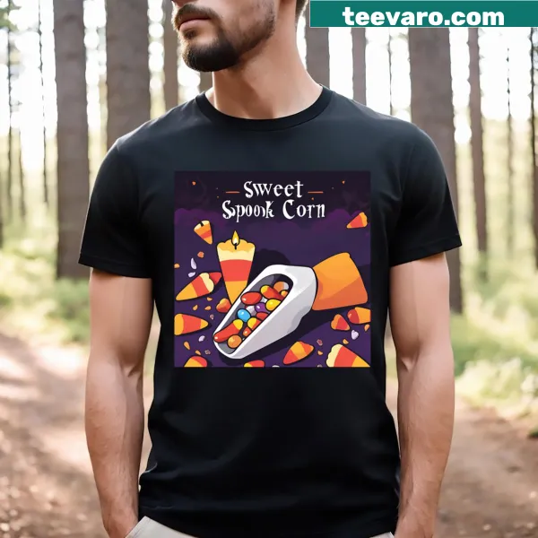 Whimsical Halloween T-shirt featuring sweet candy corn characters