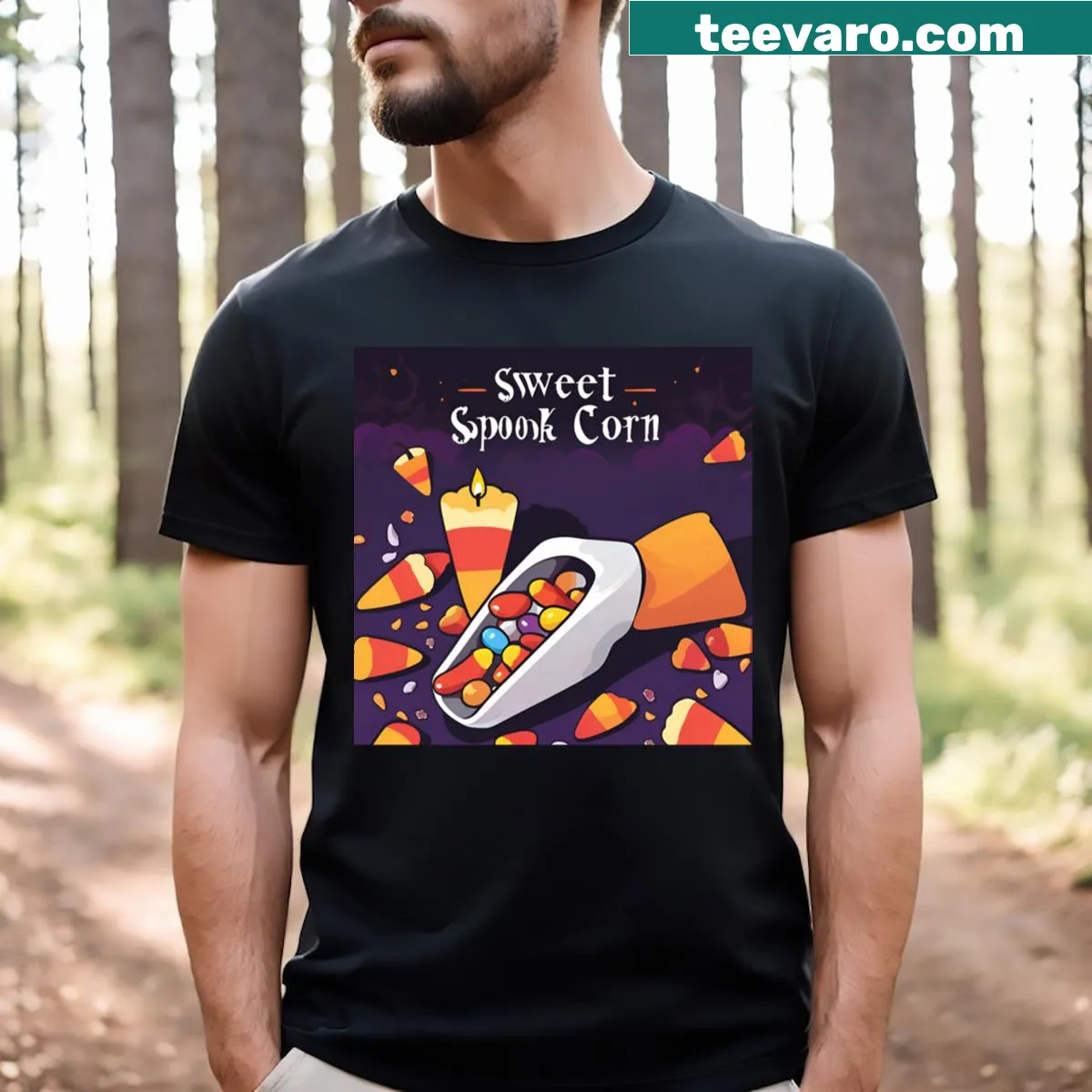 Whimsical Halloween T-shirt featuring sweet candy corn characters — on a men's t-shirt