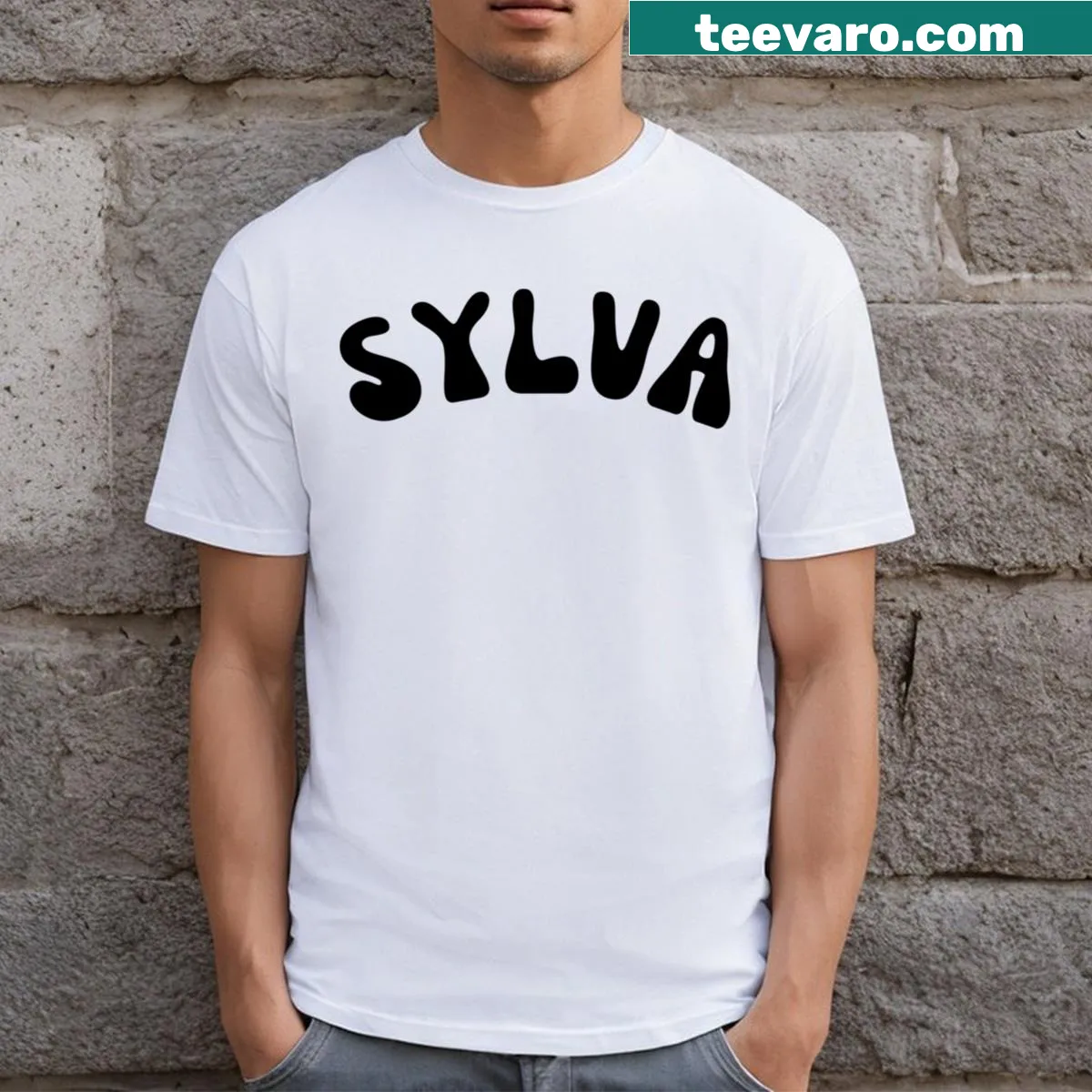 Minimalist t-shirt featuring the word 'Sylva' in elegant typography. — on a men's t-shirt