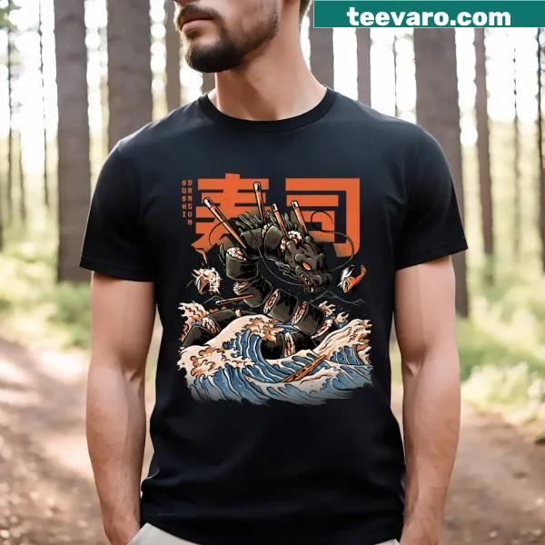Mythical dragon and sushi graphic T-shirt design