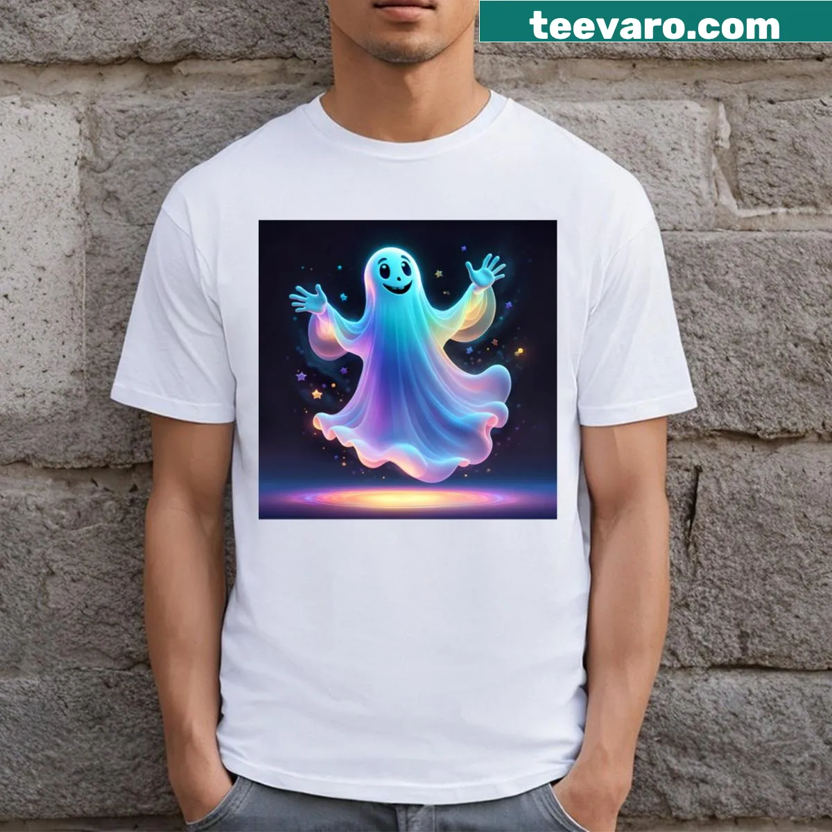 Whimsical illustration of a friendly ghost on a long t-shirt — on a men's t-shirt