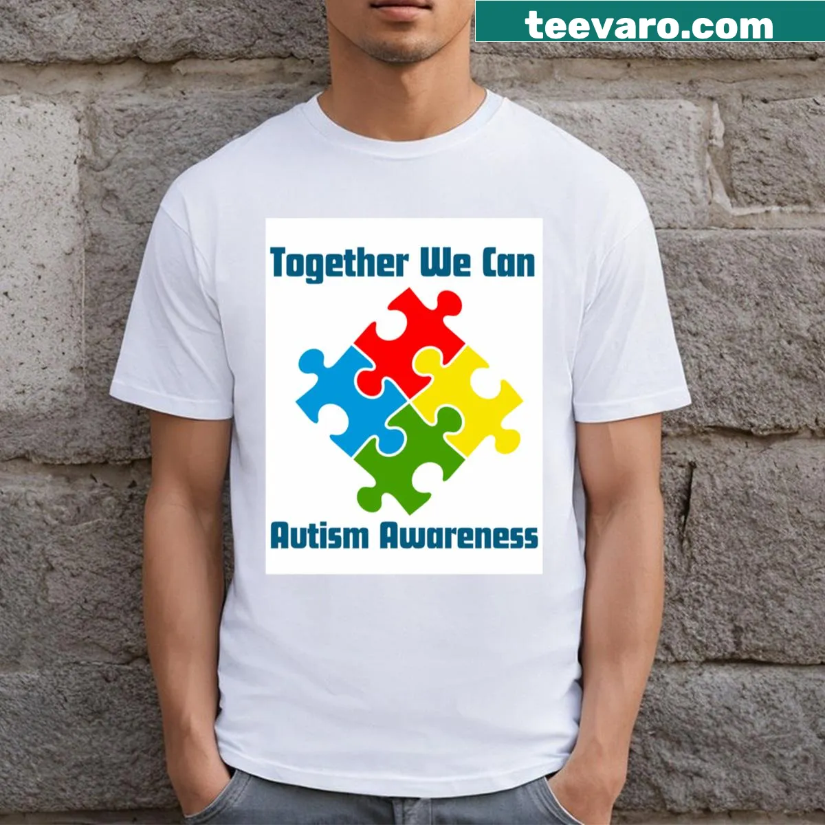 Autism awareness t-shirt with the phrase Together We Can — on a men's t-shirt