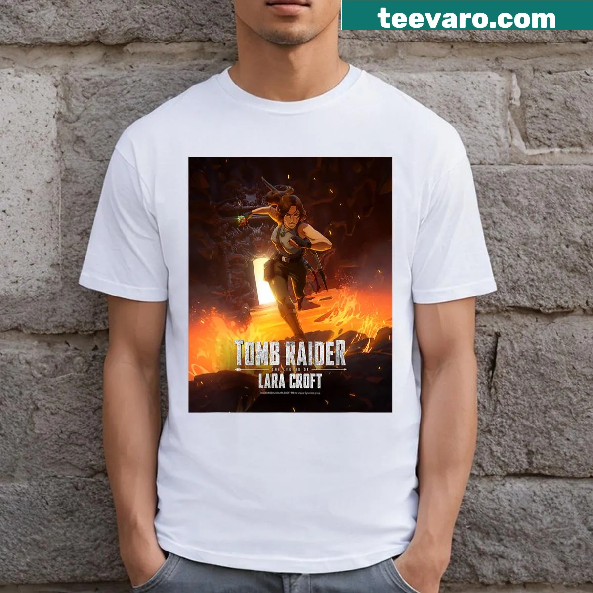 T-shirt featuring Tomb Raider key art of Lara Croft — on a men's t-shirt