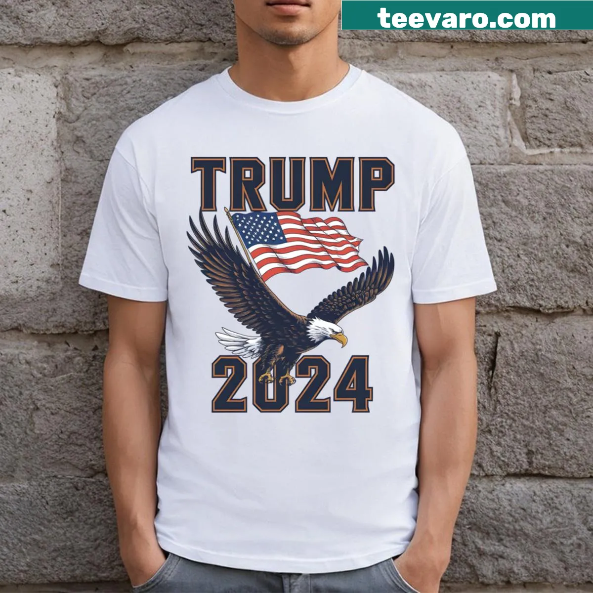 Trump 2024 essential t-shirt with bold typography — on a men's t-shirt
