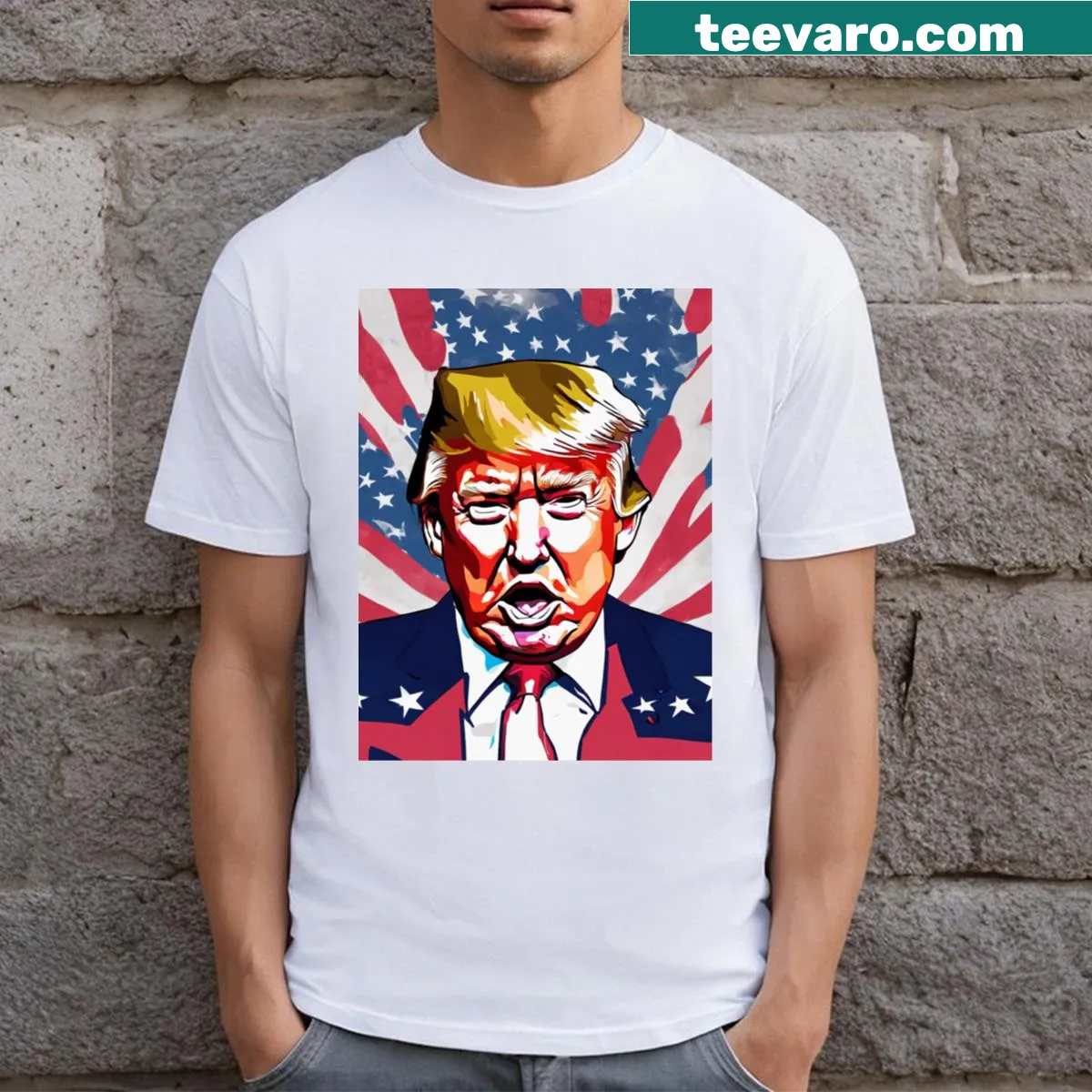 Patriotic T-shirt featuring bold Trump-themed typography — on a men's t-shirt