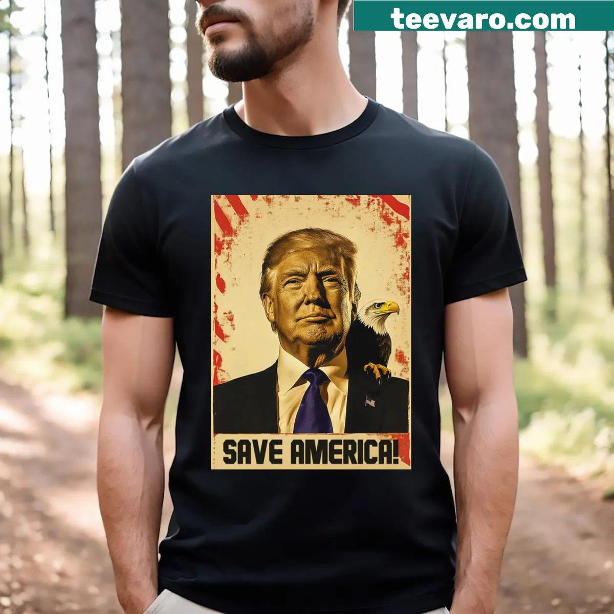 Bold t-shirt declaring 'Trump Will Save America!' in striking typography — on a men's t-shirt