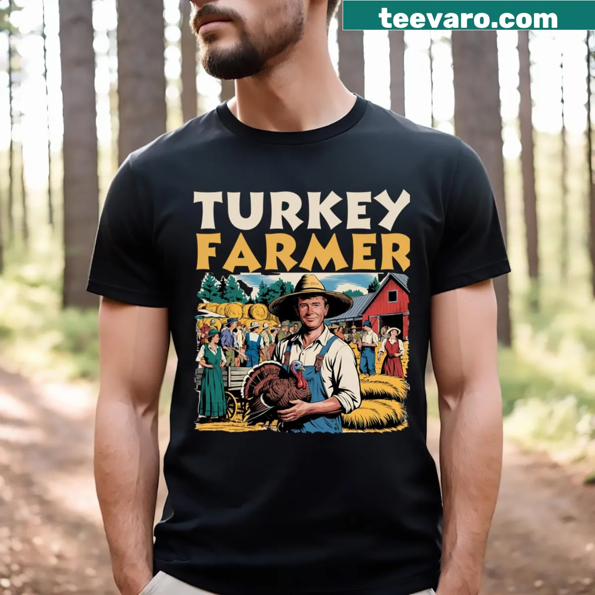 Turkey farmer t-shirt with a graphic of a turkey and playful text — on a men's t-shirt