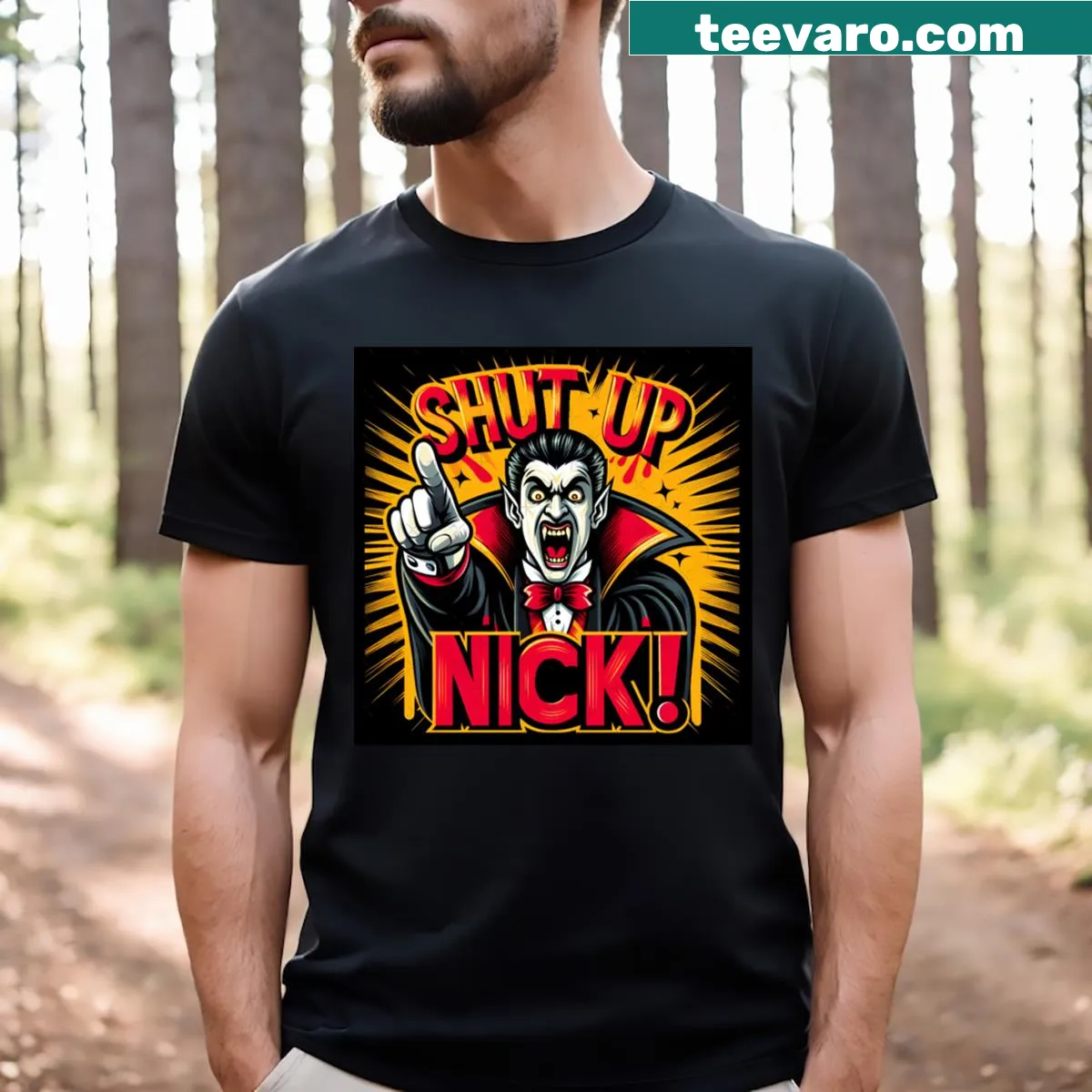 Funny vampire t-shirt with humorous text about Nick — on a men's t-shirt