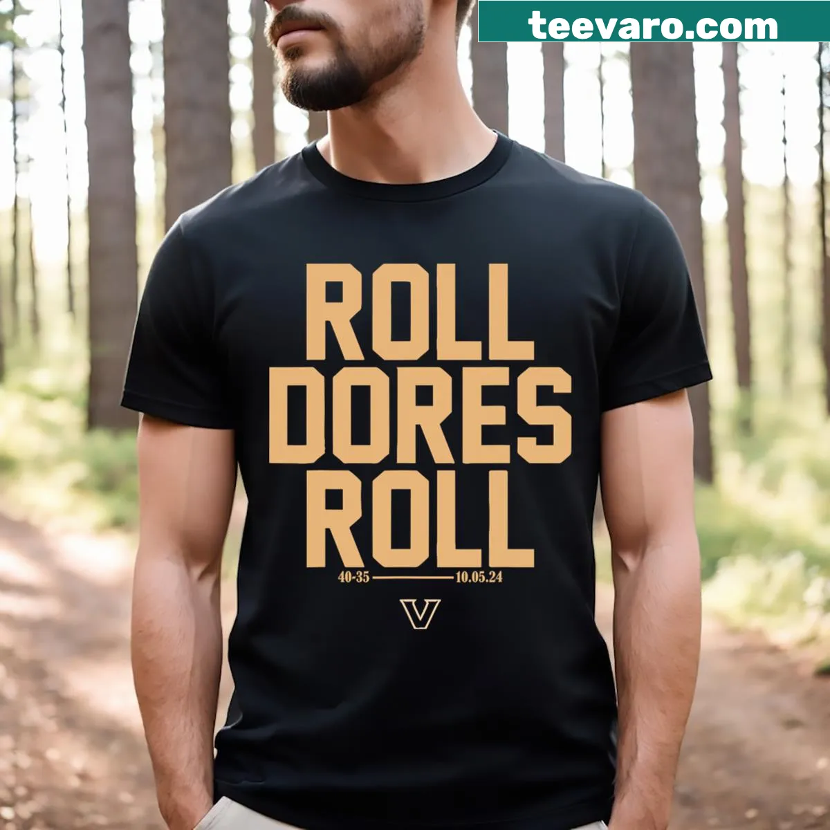 Vanderbilt Football T-shirt with the phrase 'Roll Dores Roll' — on a men's t-shirt