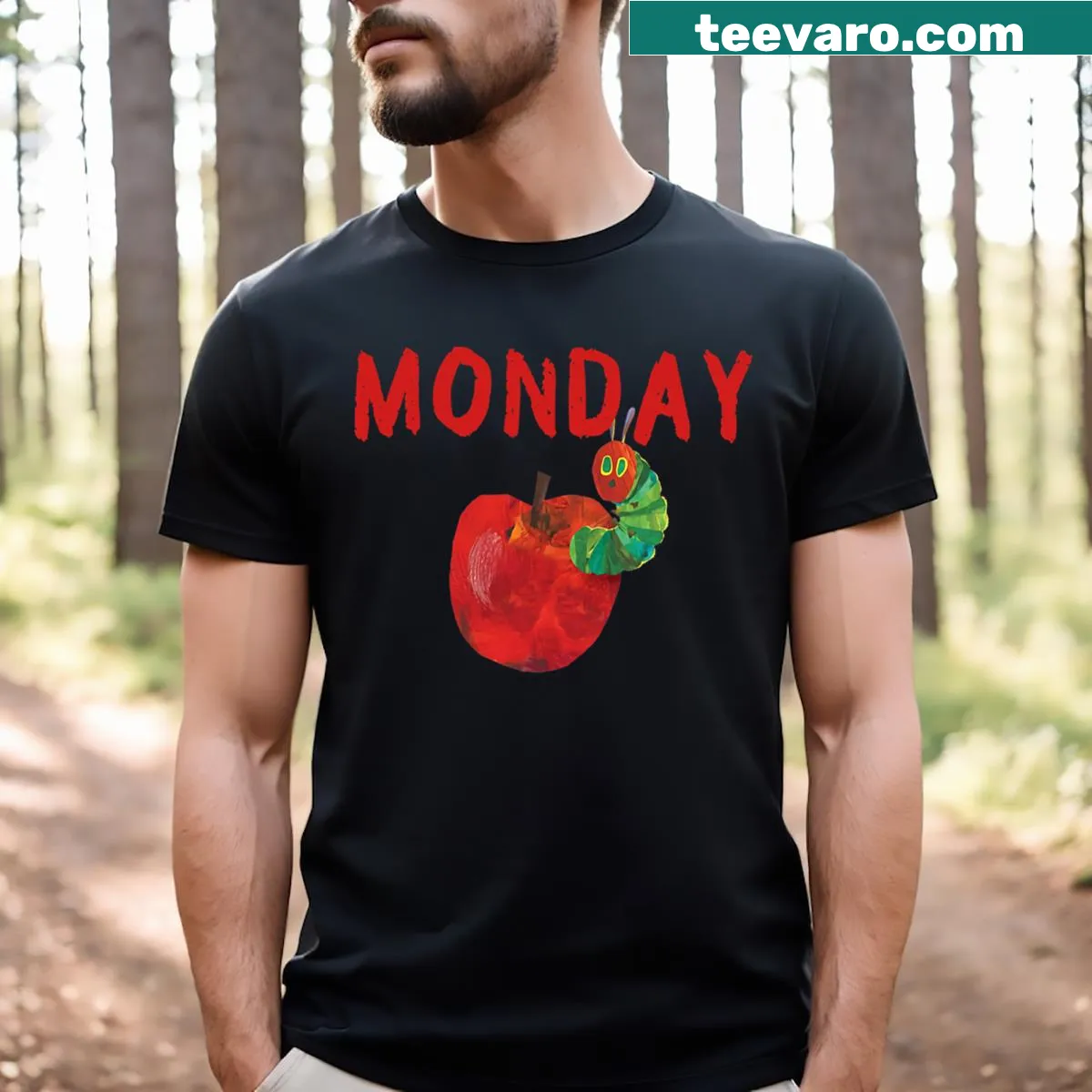 Birthday T-shirt featuring Very Hungry Caterpillar and fruits illustration — on a men's t-shirt