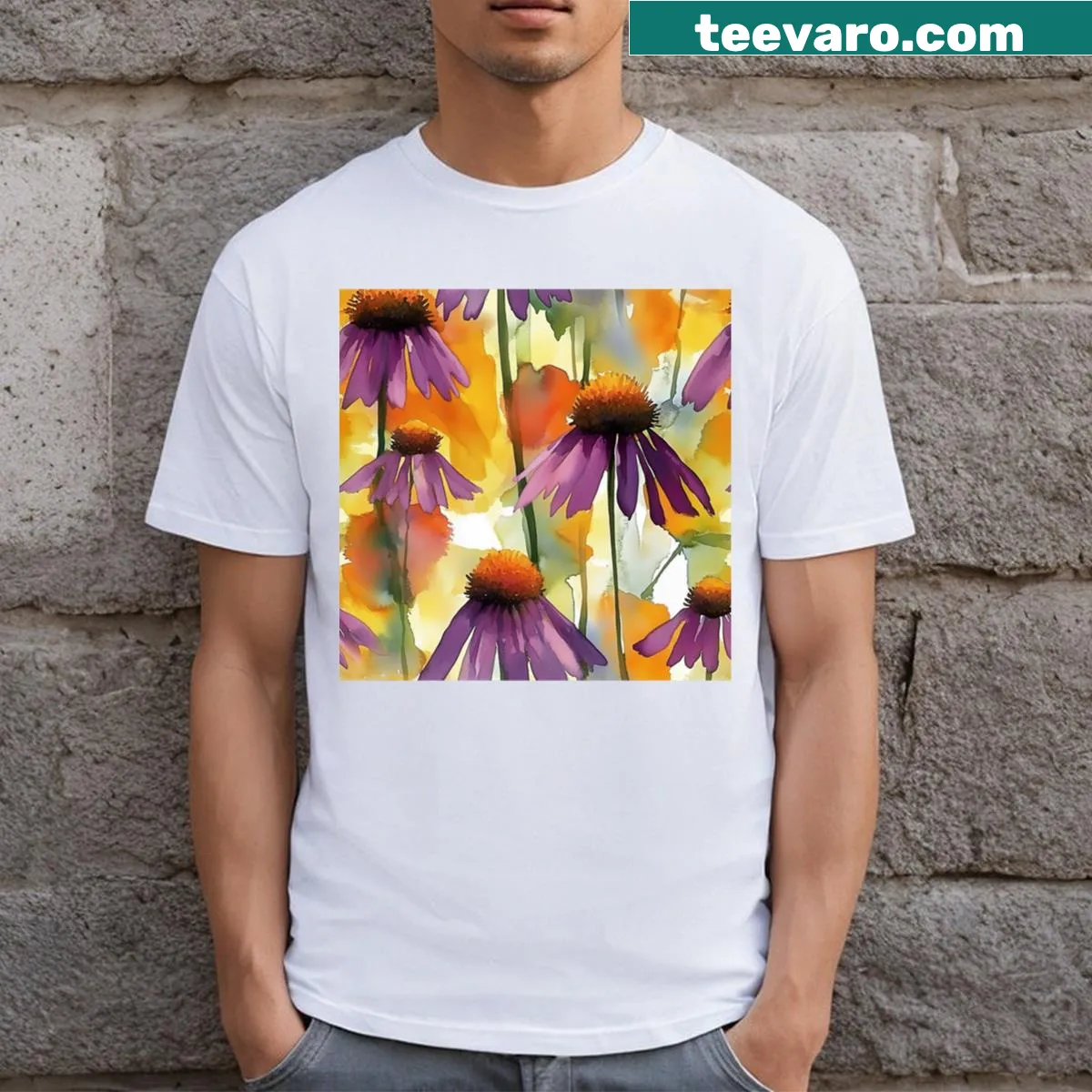 Coneflower illustration on T-shirt with floral pattern design — on a men's t-shirt