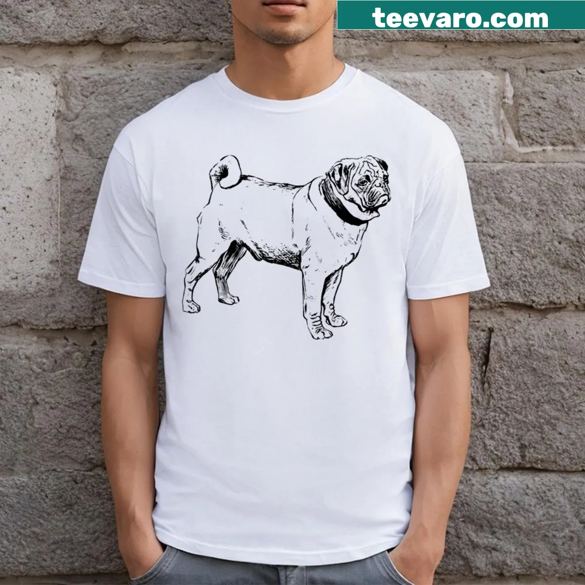 Vintage T-shirt featuring an illustration of a cute pug — on a men's t-shirt