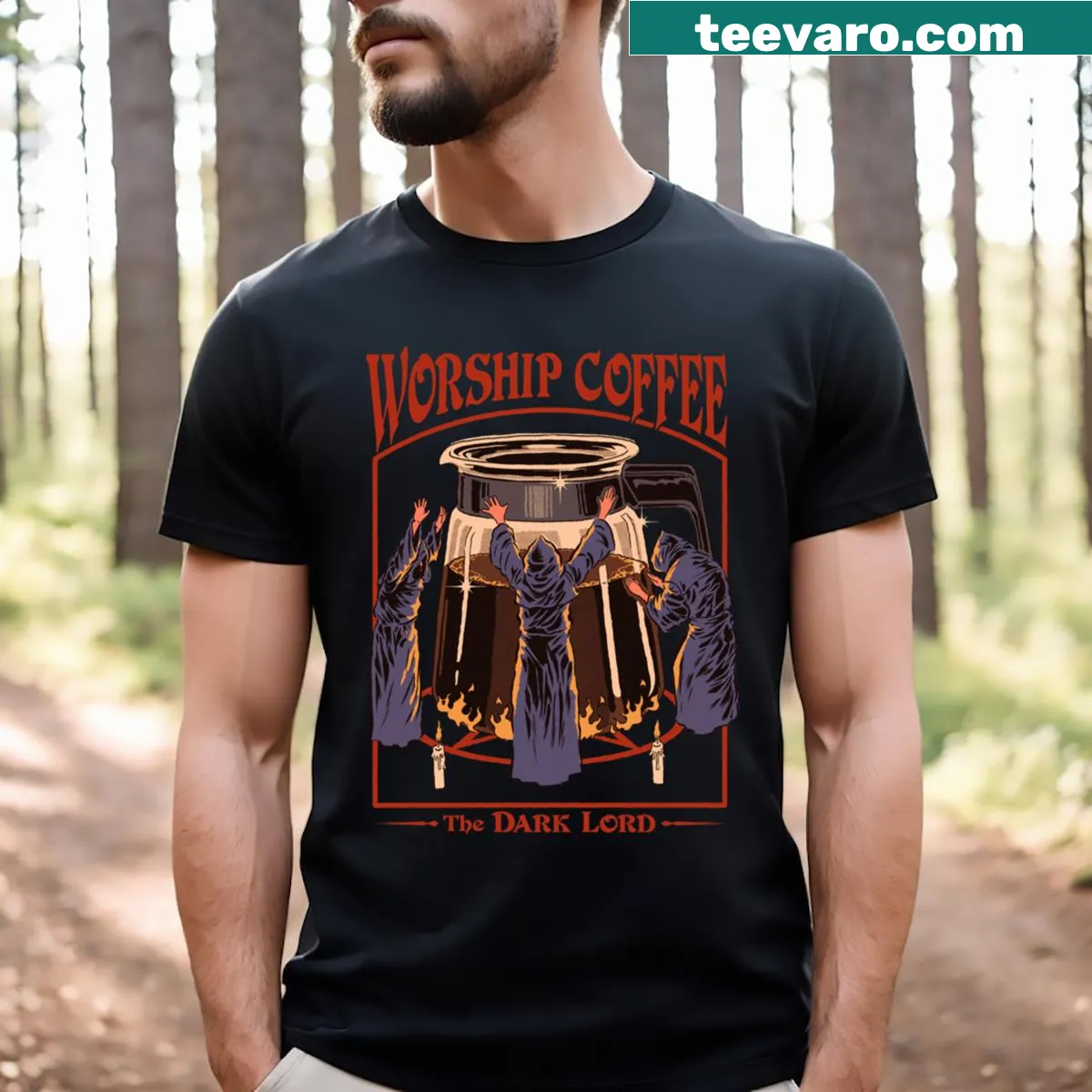 T-shirt with the phrase 'Worship Coffee' celebrating coffee lovers — on a men's t-shirt