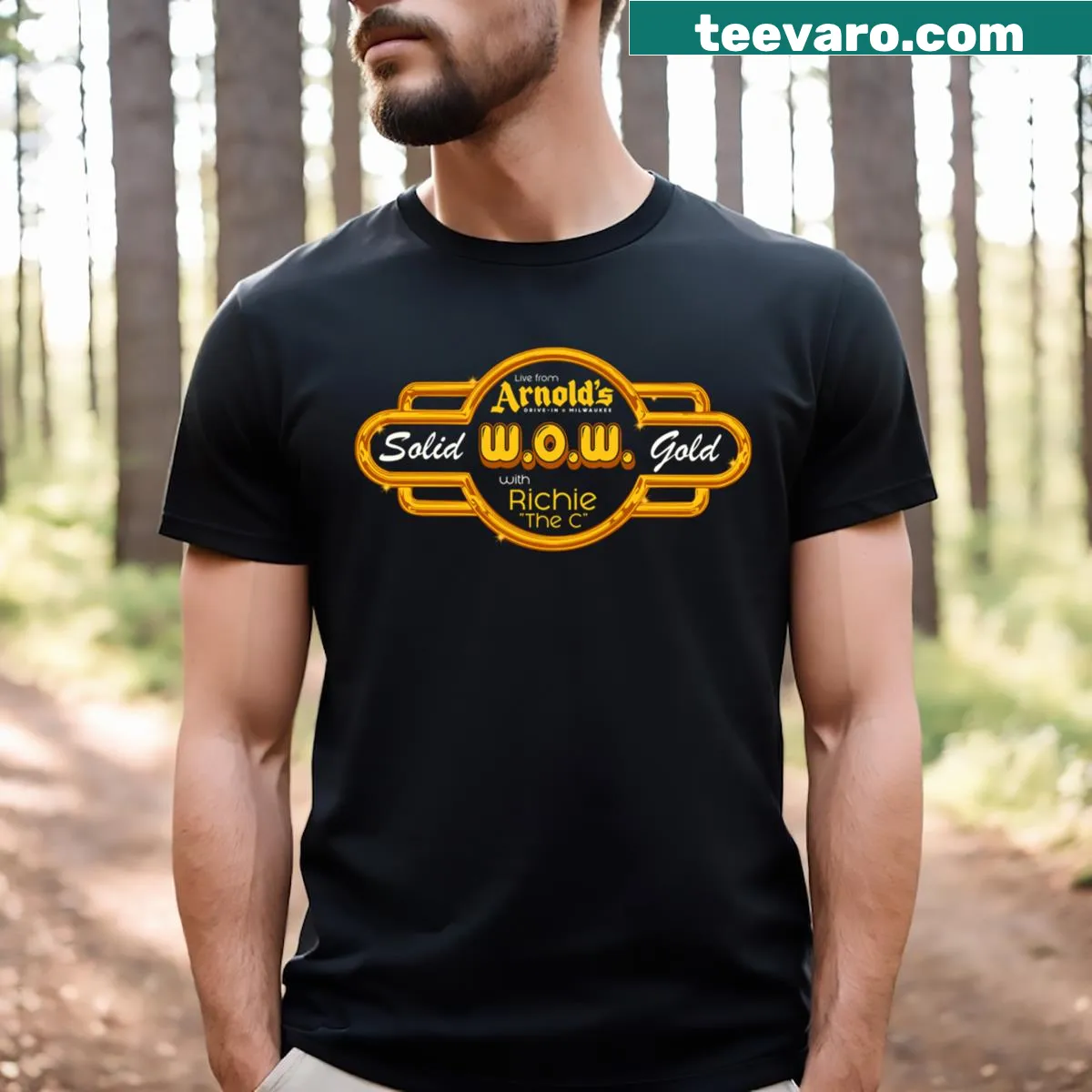 Retro t-shirt with 'Wow Radio Live From Arnold's Drive In' printed — on a men's t-shirt