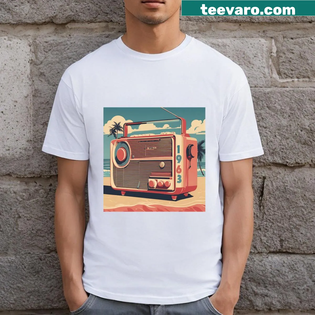 Vintage 1963 beach scene graphic on a t-shirt — on a men's t-shirt