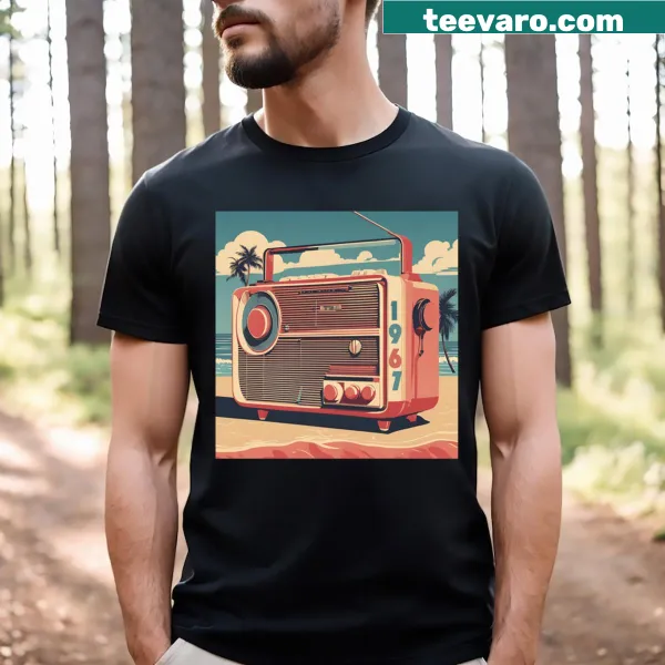 Vintage 1967 beach scene graphic on an active t-shirt