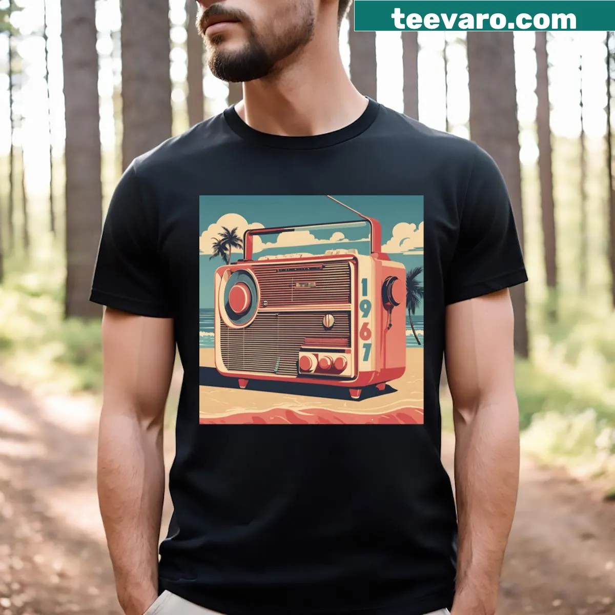 Vintage 1967 beach scene graphic on an active t-shirt — on a men's t-shirt