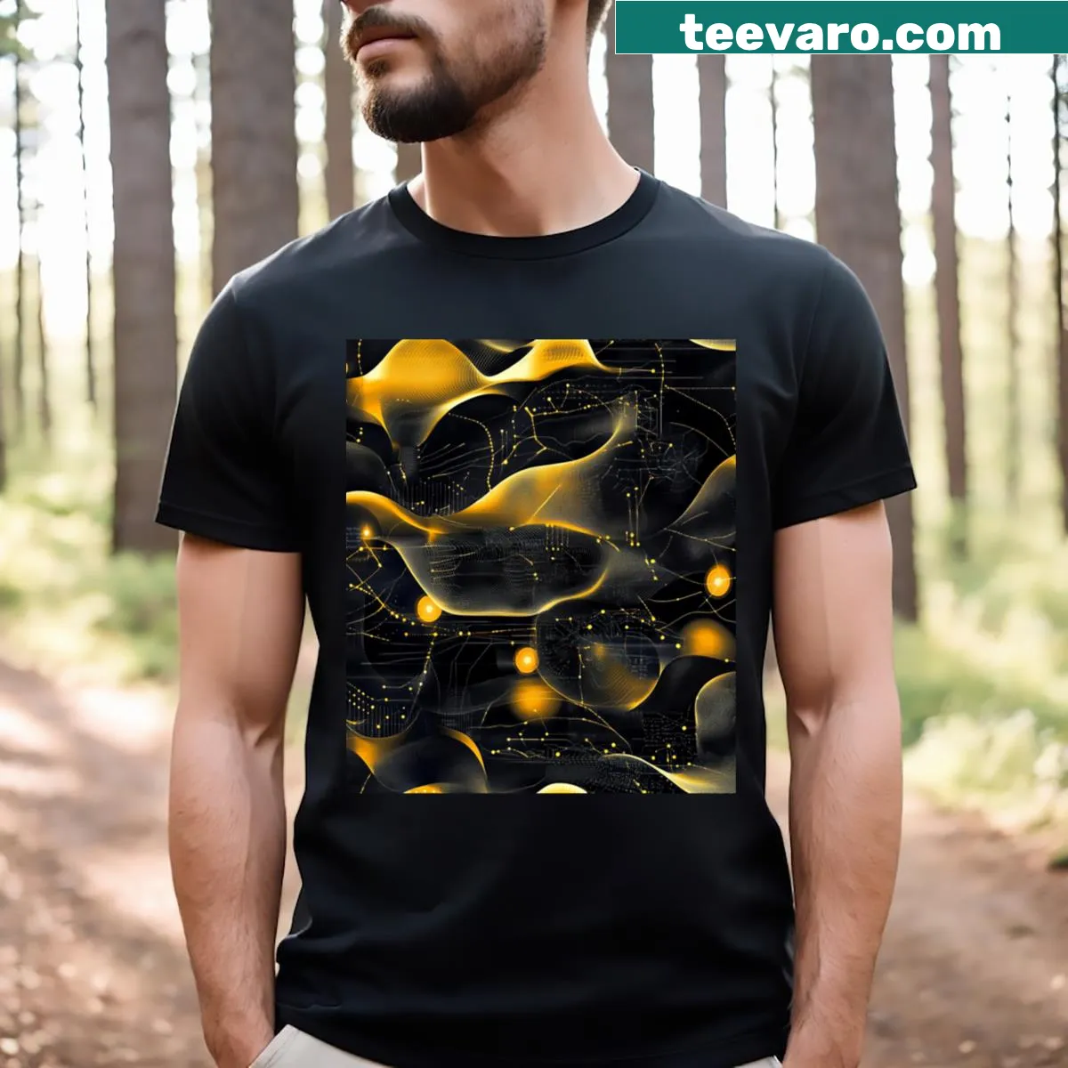 Artistic T-shirt with abstract data patterns design — on a men's t-shirt