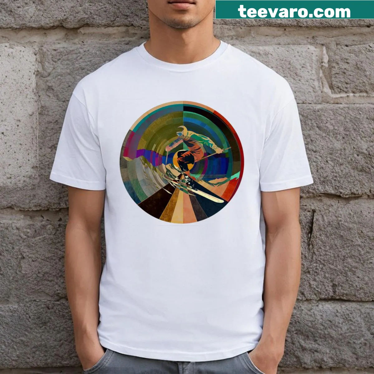 Abstract skiing graphic t-shirt featuring a skier — on a men's t-shirt
