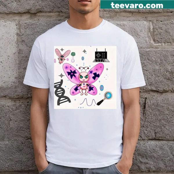 Illustration of an angry pink robot butterfly on a T-shirt