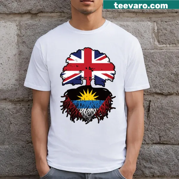 T-shirt with Antigua and British flags and tree roots graphic