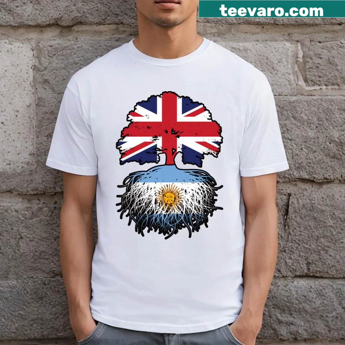 T-shirt featuring Argentina and UK flag design with tree roots — on a men's t-shirt