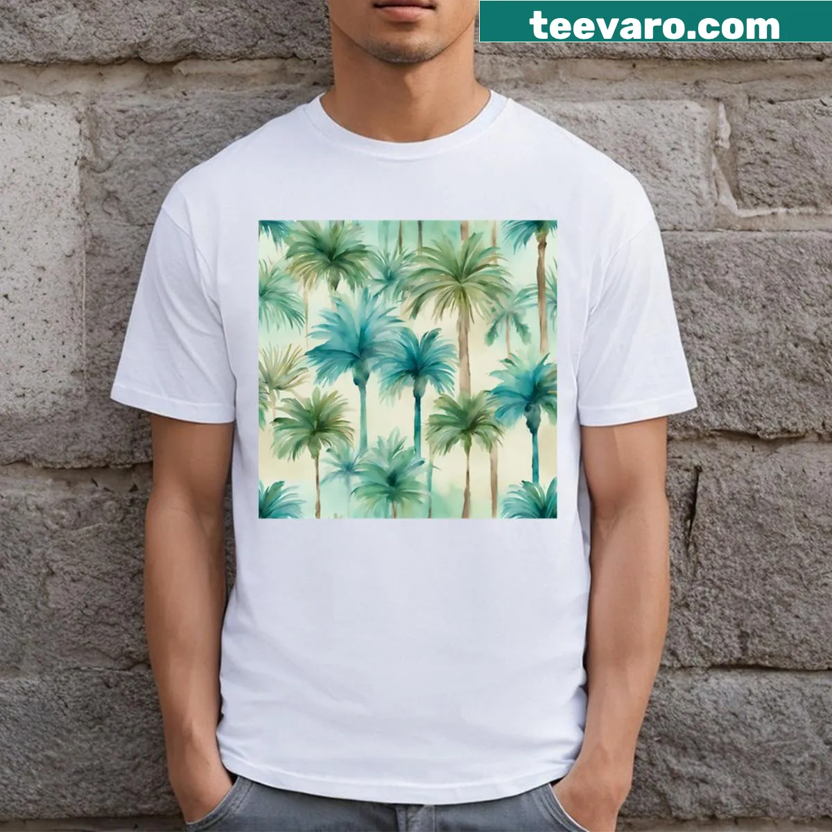 Watercolor palm trees design on a tropical-themed T-shirt — on a men's t-shirt