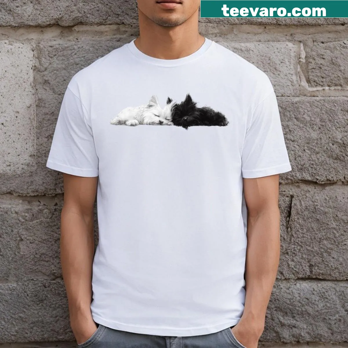 T-shirt featuring black and white cats sleeping together — on a men's t-shirt