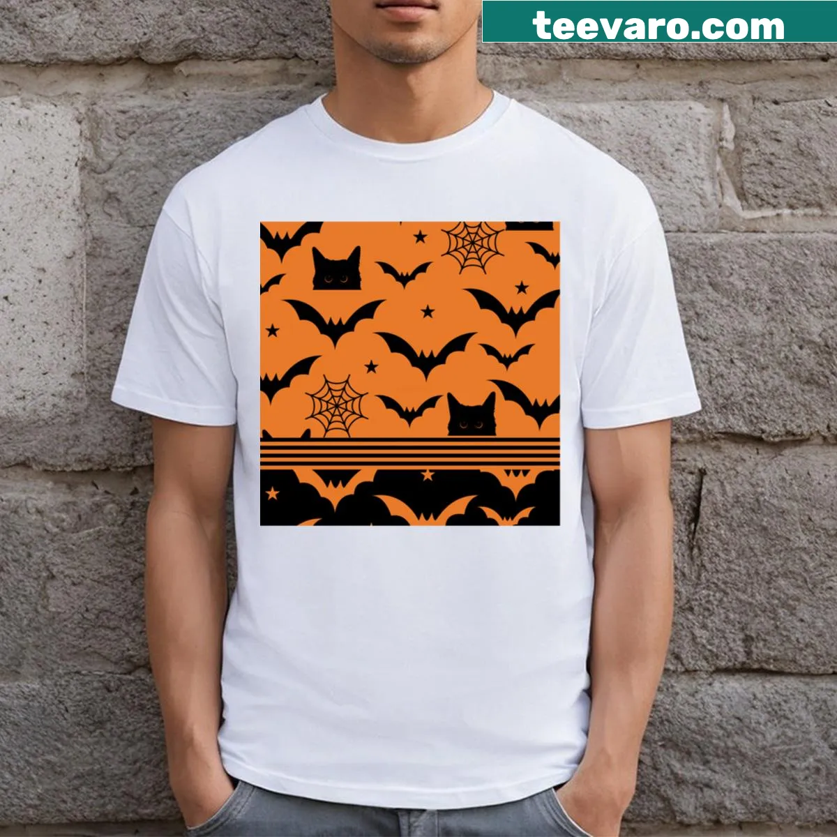 T-shirt with black cat and bats in a seamless Halloween design — on a men's t-shirt