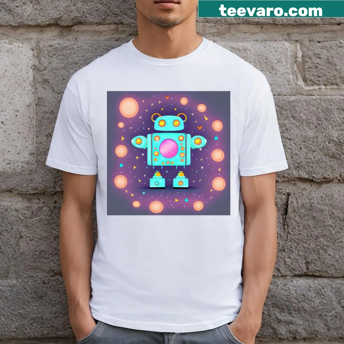 Playful blue robot surrounded by bubbles on a t-shirt — on a men's t-shirt