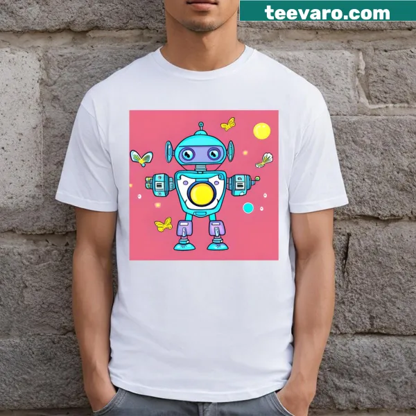 Blue robot illustration with yellow belly on a t-shirt