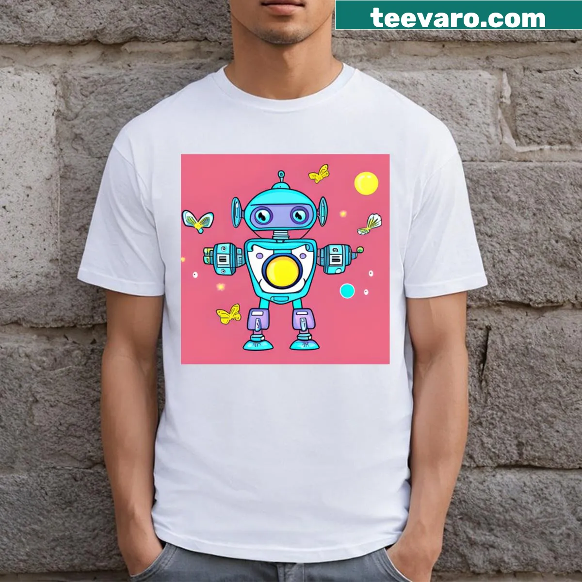 Blue robot illustration with yellow belly on a t-shirt — on a men's t-shirt