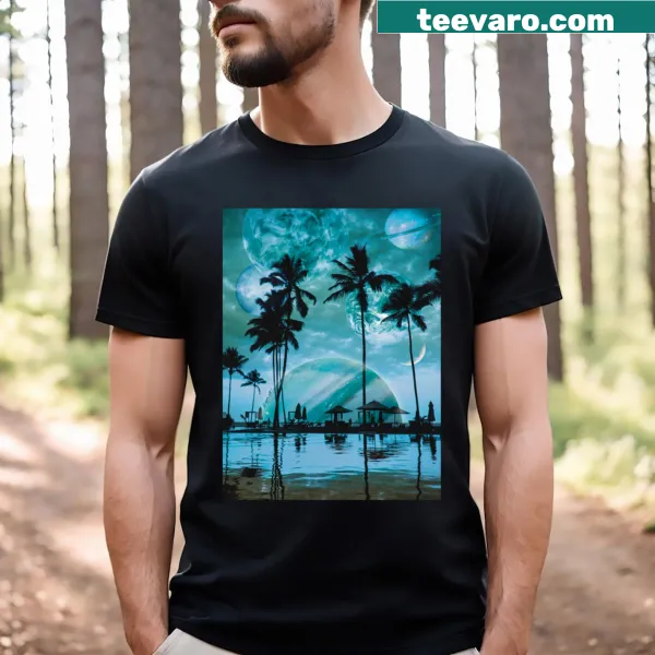Dynamic cosmic design on a Blue Universe active t-shirt