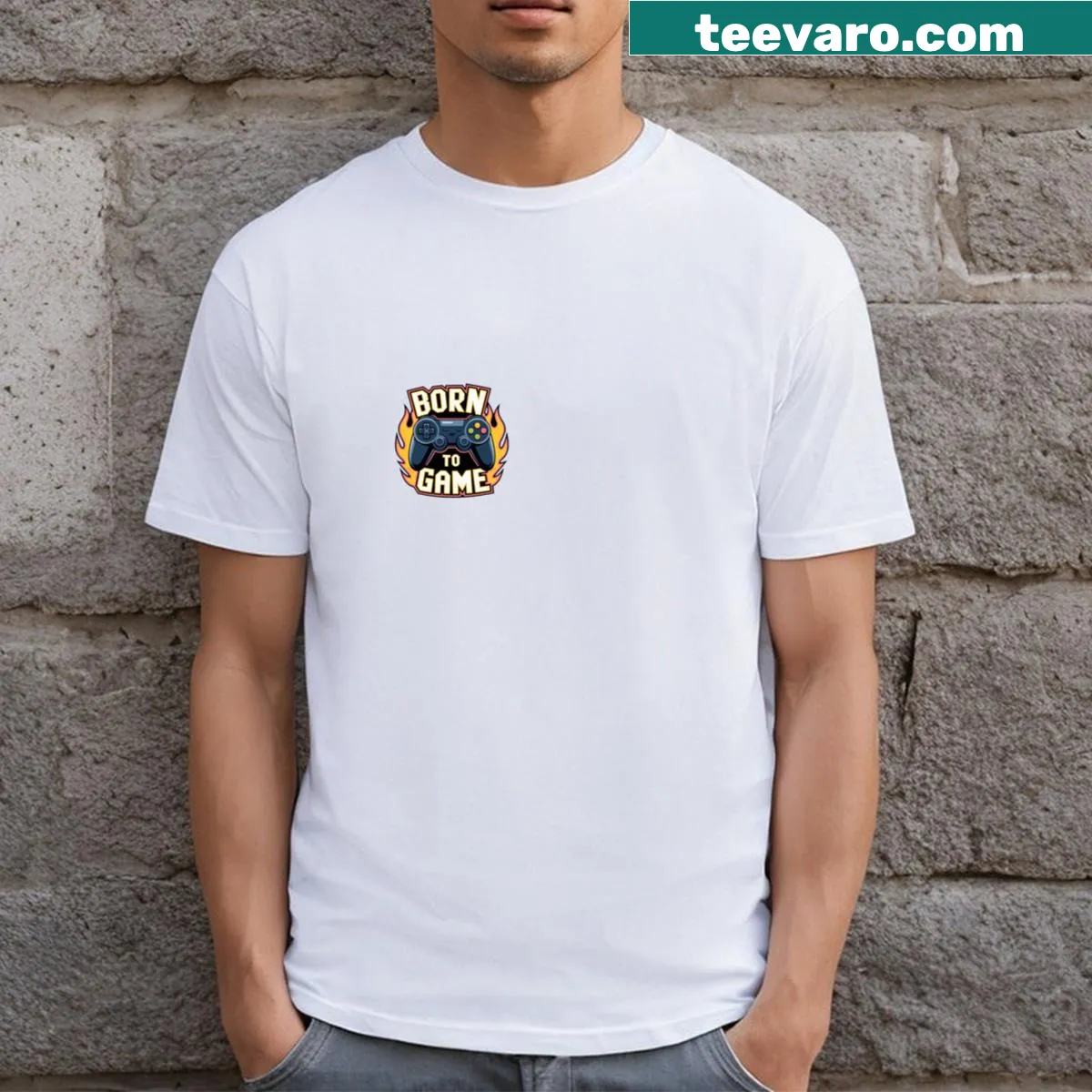 Gaming controller graphic with 'Born To Game' text on t-shirt — on a men's t-shirt