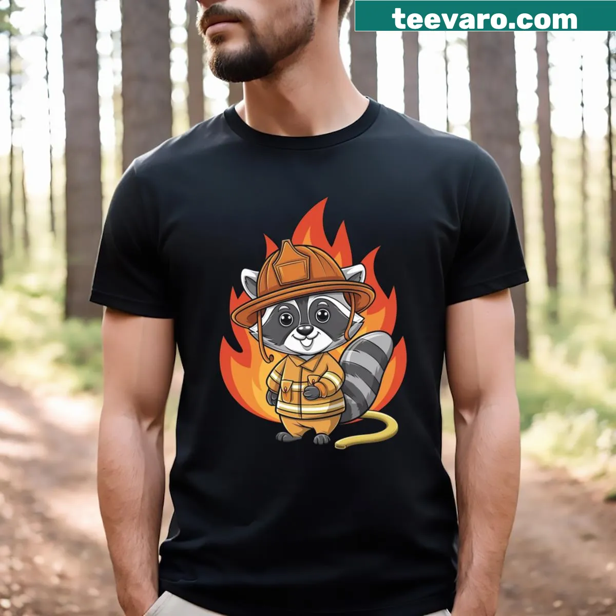 Cute raccoon firefighter illustration on a t-shirt for kids — on a men's t-shirt