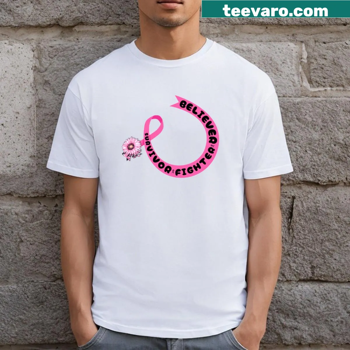 Breast Cancer Awareness T-shirt with a pink ribbon graphic — on a men's t-shirt