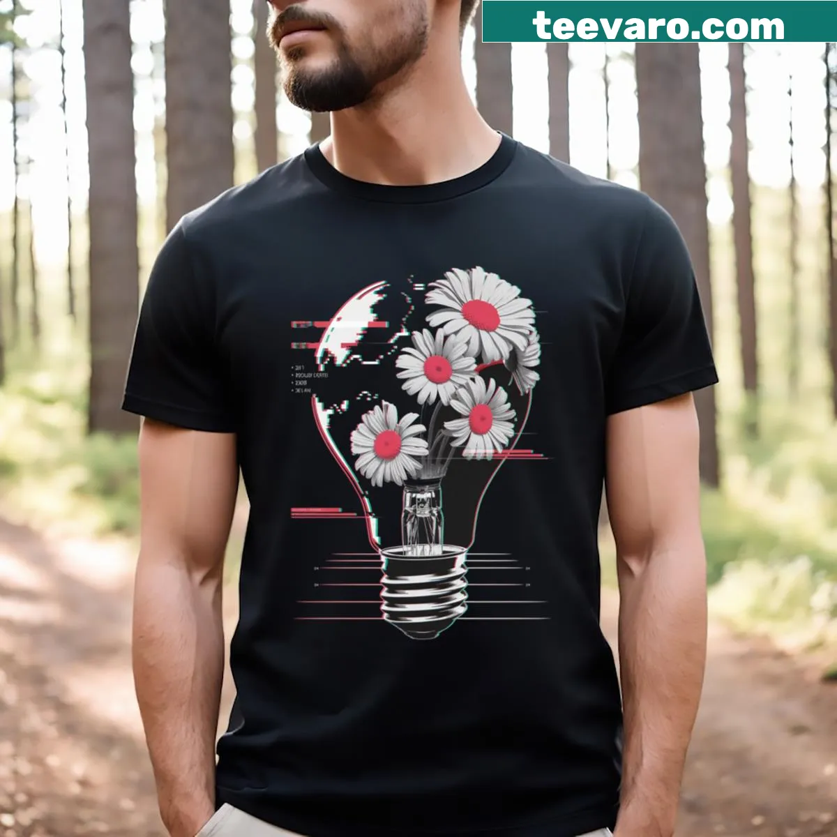 Retro floral design featuring a daisy and lightbulb on a T-shirt — on a men's t-shirt