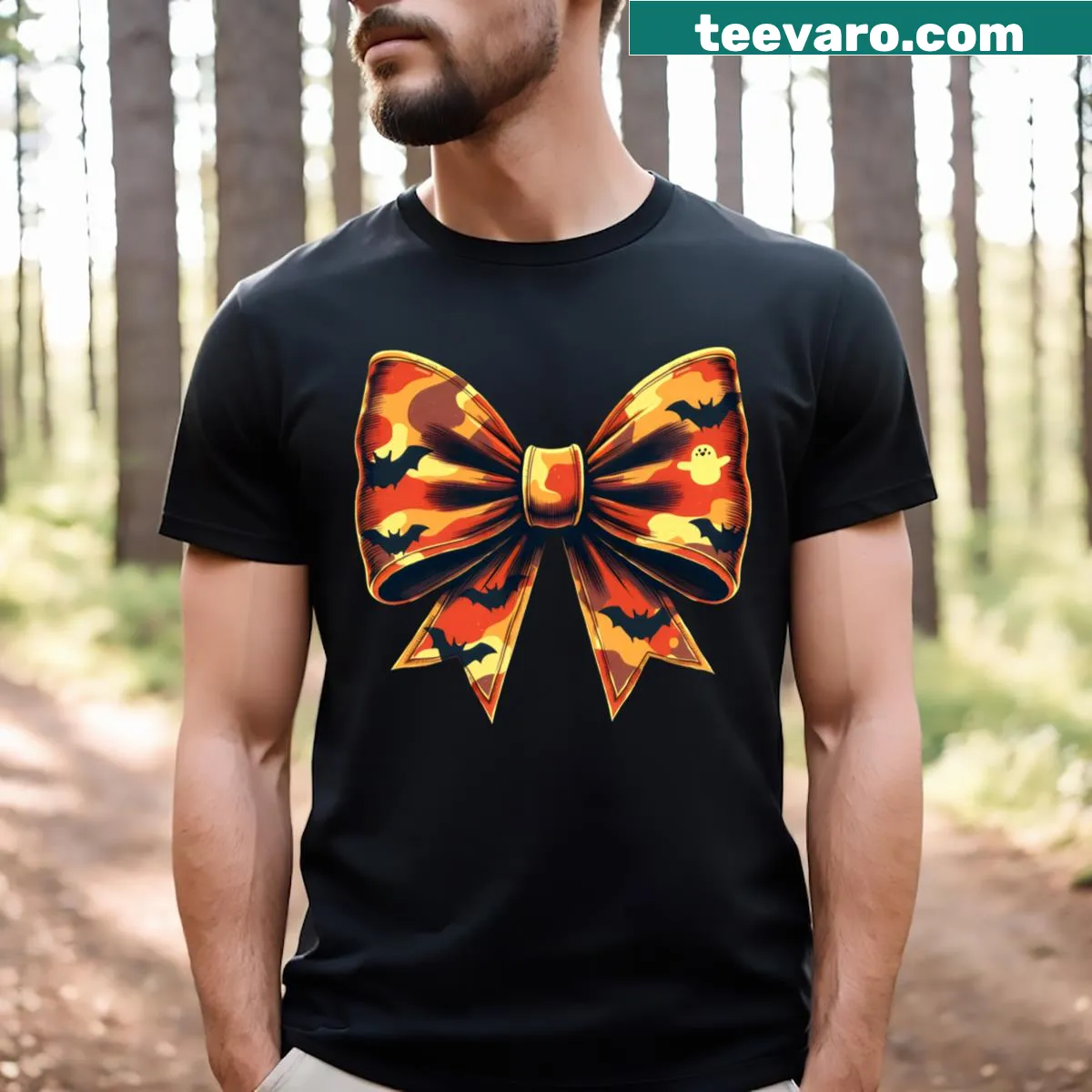 Playful Camouflage T-shirt with a ribbon bow for hunting fans — on a men's t-shirt