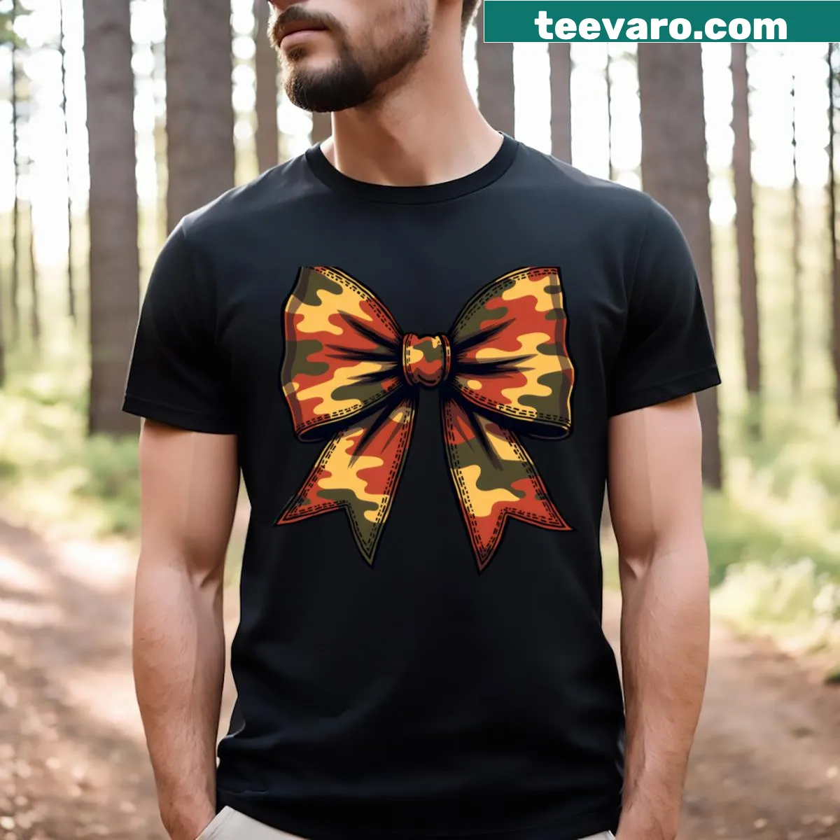 Playful camouflage ribbon and bow graphic on a women's T-shirt — on a men's t-shirt