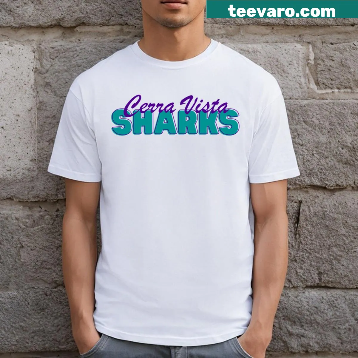 Scenic design of Cerra Vista over sharks on a t-shirt — on a men's t-shirt
