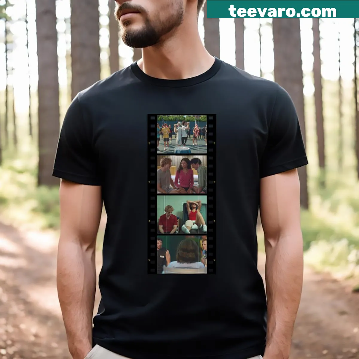 Retro film strip graphic t-shirt for music and film fans — on a men's t-shirt