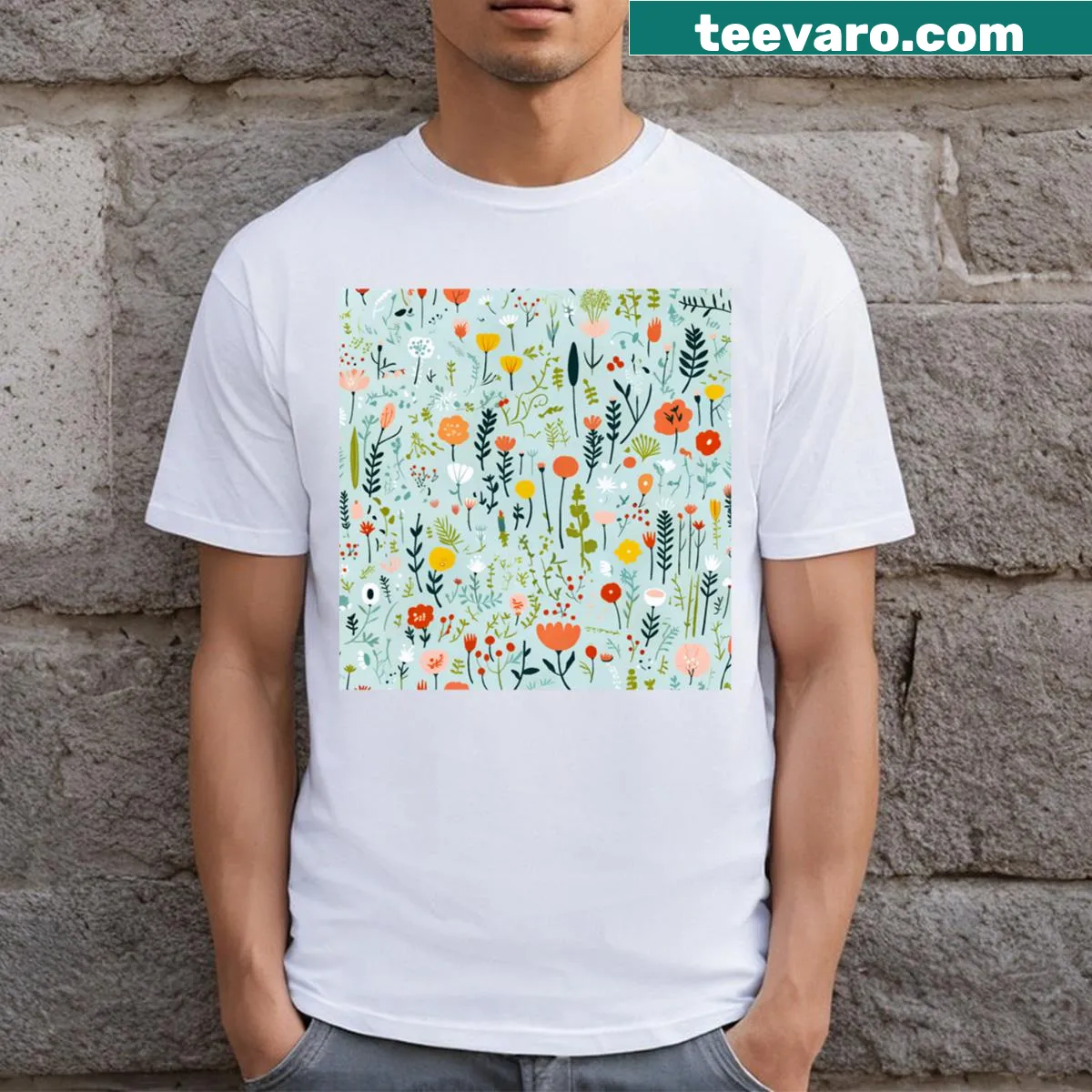 Delicate floral patterns on a T-shirt celebrating nature and beauty — on a men's t-shirt