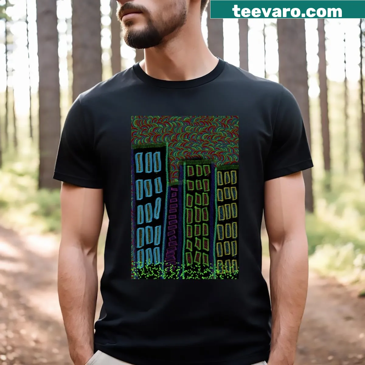 Minimalist T-shirt featuring abstract typography of a cityscape — on a men's t-shirt