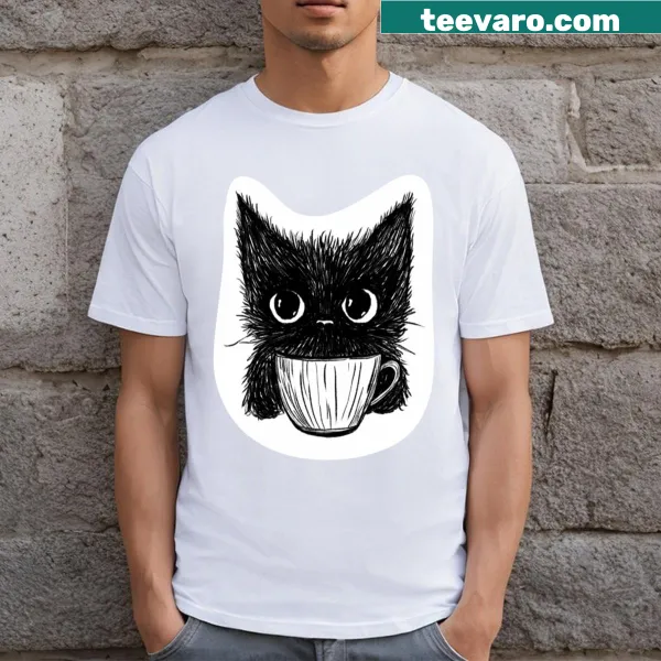 T-shirt featuring a cat inside a coffee cup