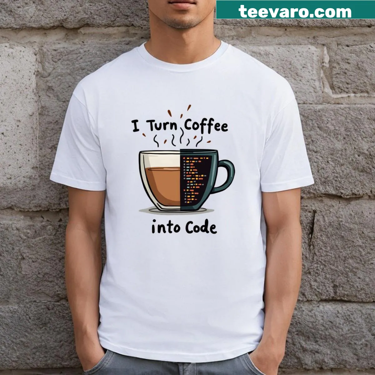 Coffee to code humorous graphic T-shirt — on a men's t-shirt