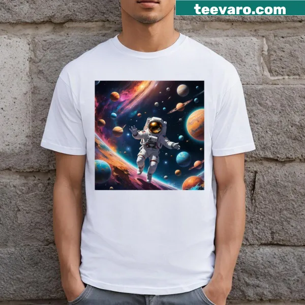Whimsical cosmic adventure illustration on a t-shirt
