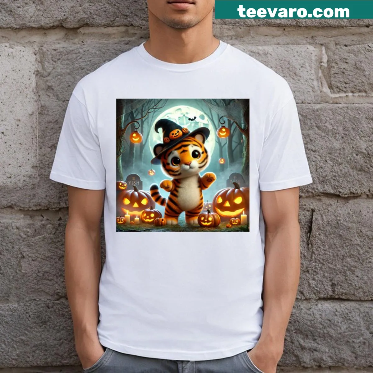 Cute T-shirt featuring a tiger in a witch hat for Halloween — on a men's t-shirt