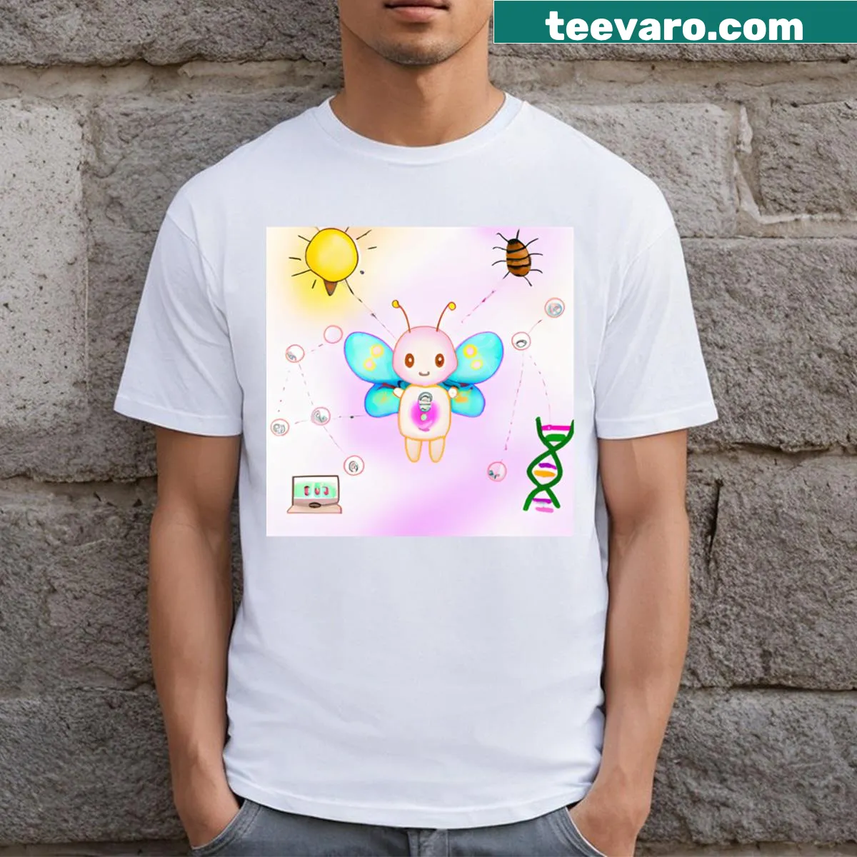 Illustration of a baby robot floating with a butterfly on a t-shirt — on a men's t-shirt