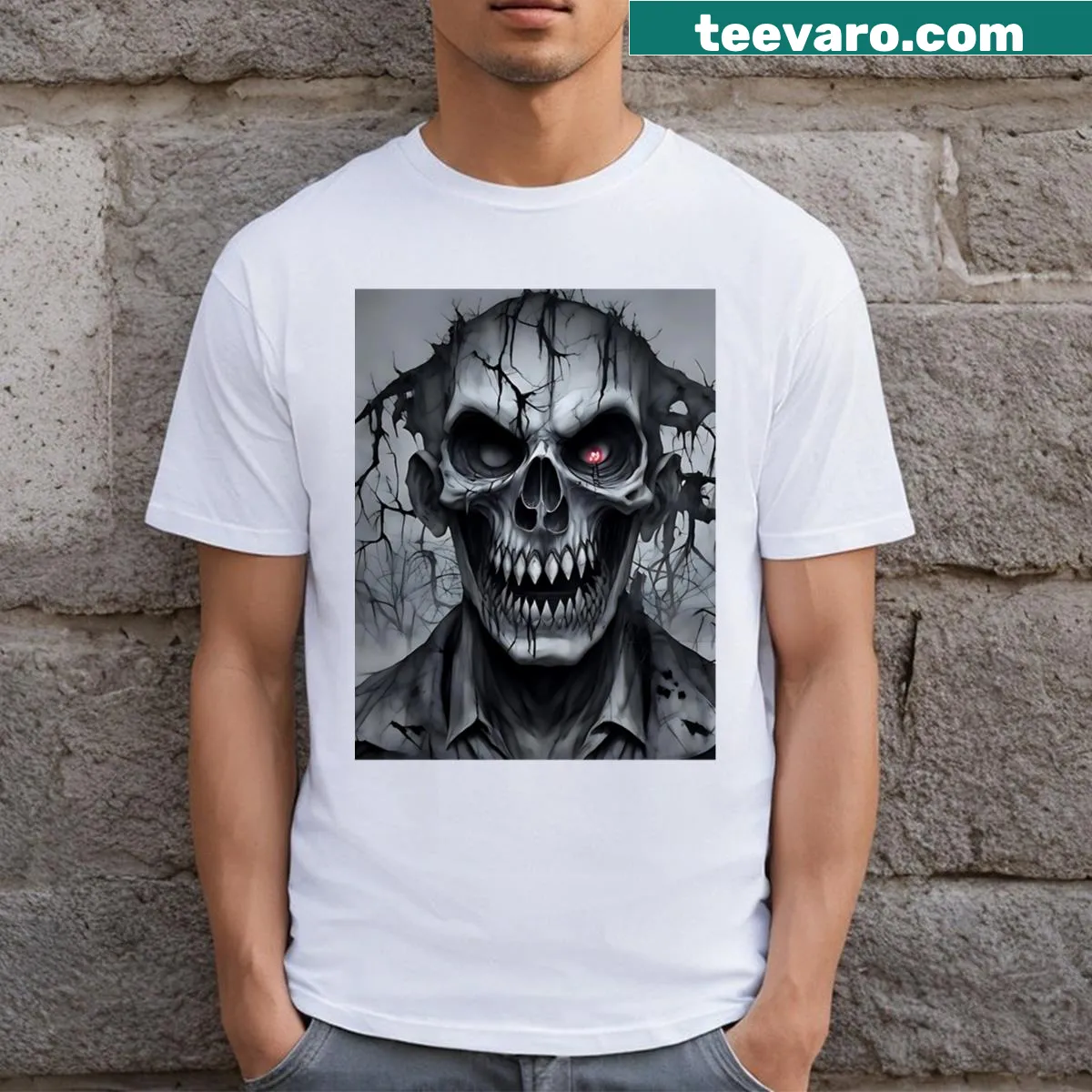 Demon zombie graphic on a horror-themed t-shirt — on a men's t-shirt